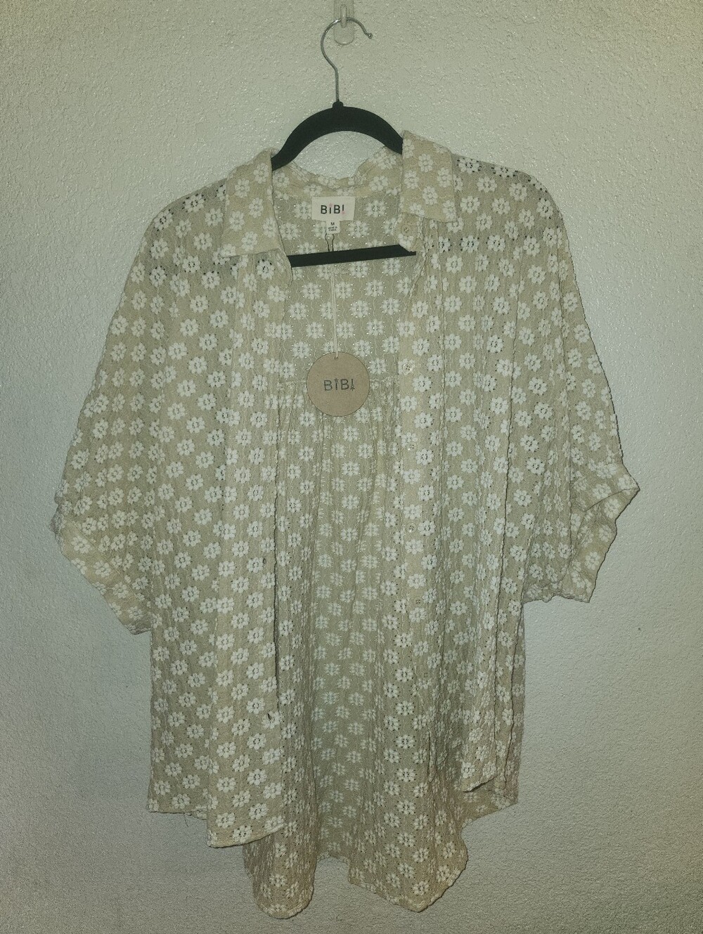 BiBi Light Beige Floral Eyelet Button-Down Shirt - Picture 9 of 9
